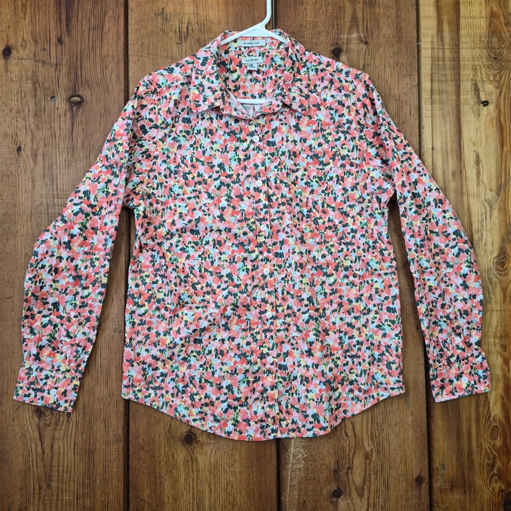 LL Bean Wrinkle Free Floral Button Down Shirt Pink Coral Multi Color Womens M